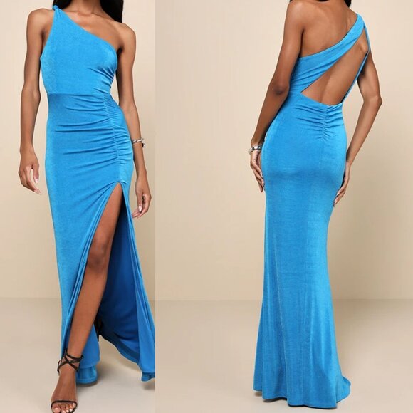 Lulu’s Blue One Shoulder Ruched Side Slit Fitted Prom Formal Maxi Dress Sz L - Picture 7 of 7